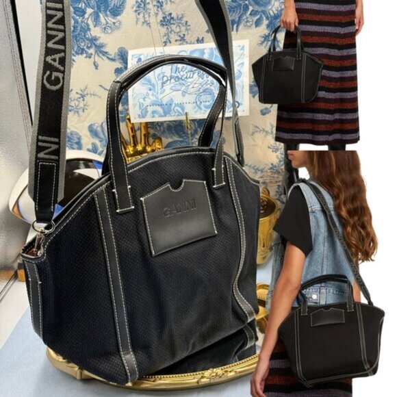 🆕 GANNI 🧿 NWT Small Banner Tote, Black Canvas & Black Leather - Picture 1 of 13